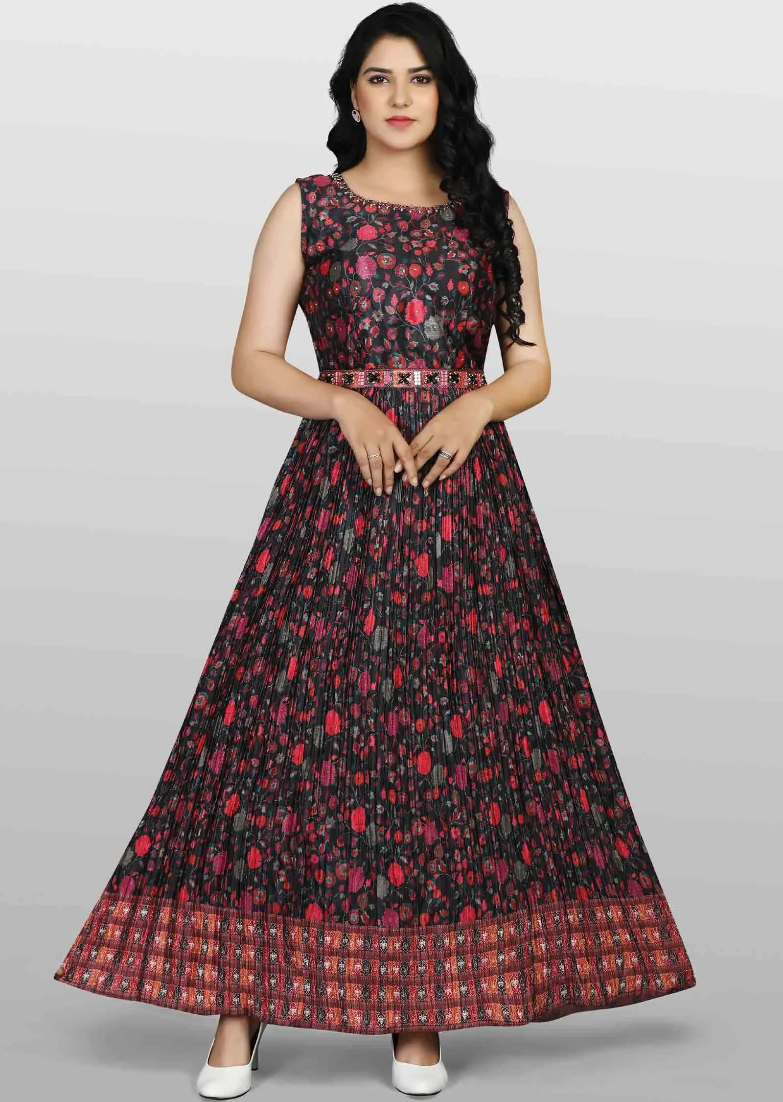 Bkack Chinnon Printed Kurti Full legth
