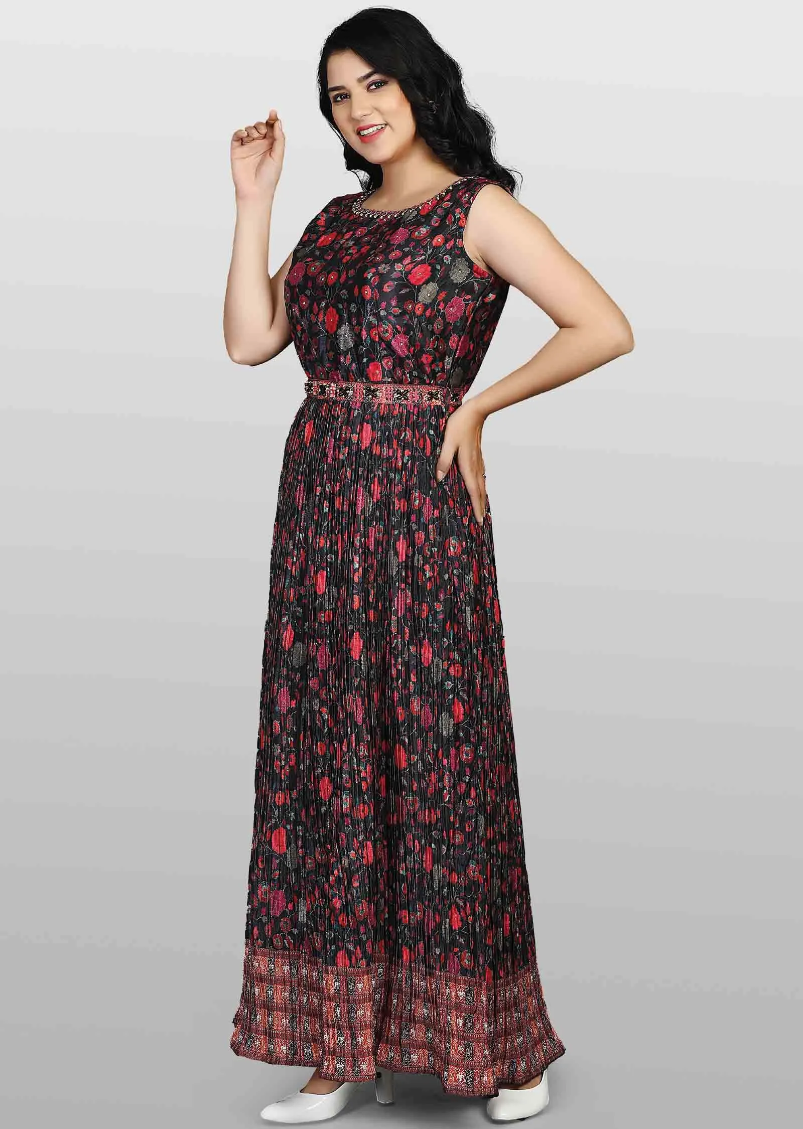 Bkack Chinnon Printed Kurti Full legth