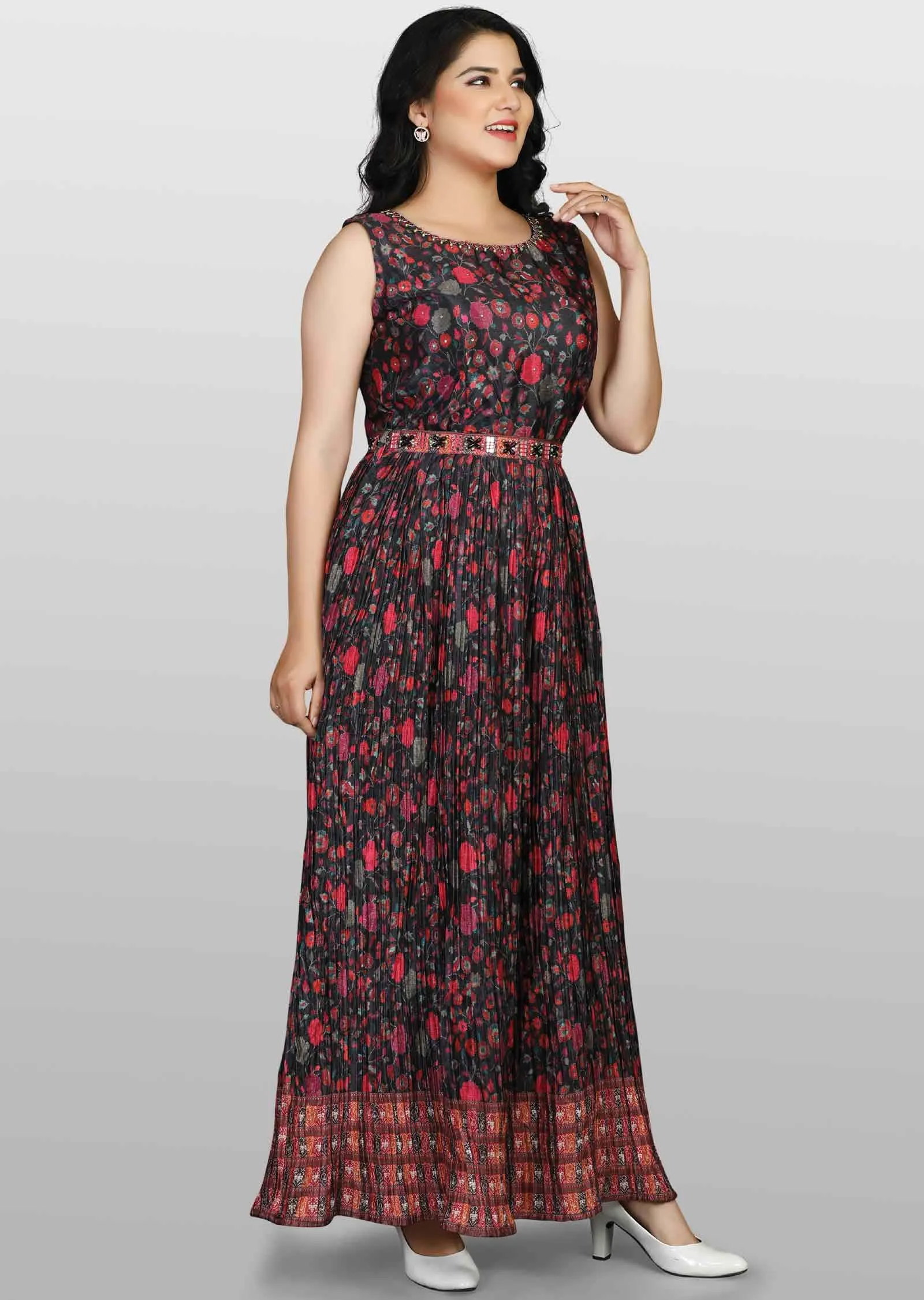 Bkack Chinnon Printed Kurti Full legth