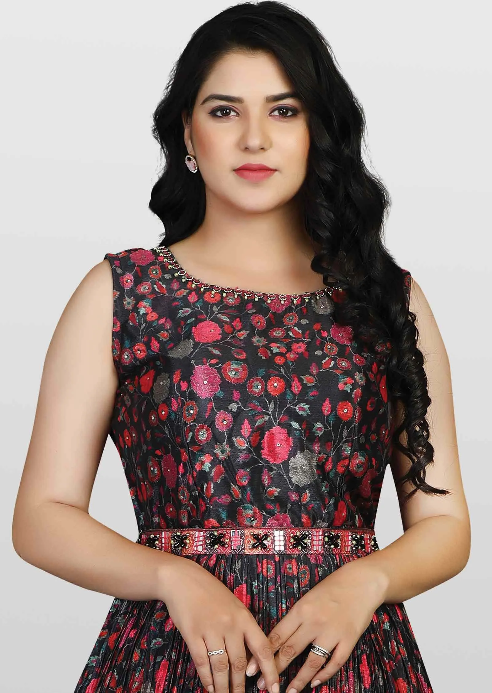 Bkack Chinnon Printed Kurti Full legth