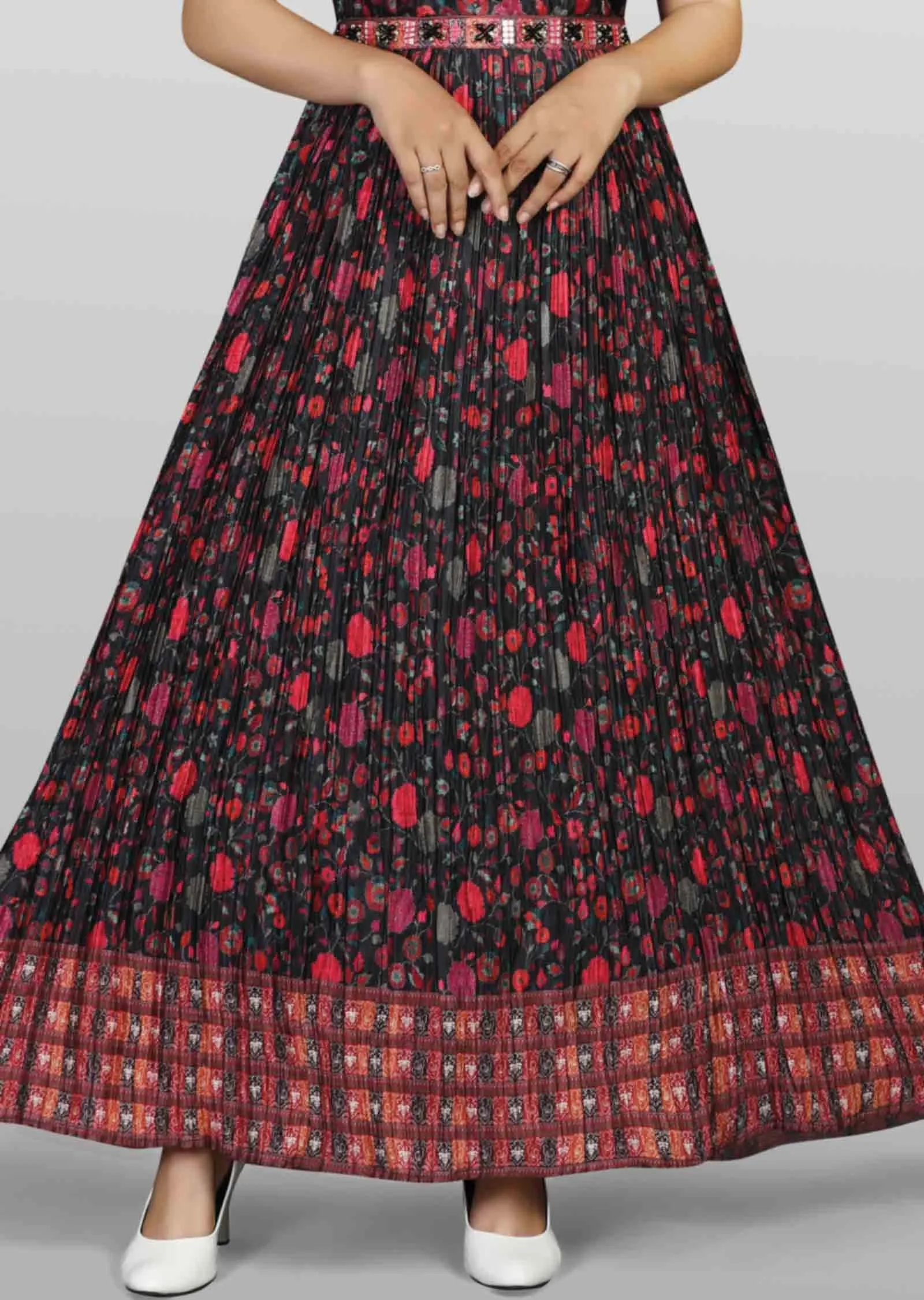 Bkack Chinnon Printed Kurti Full legth
