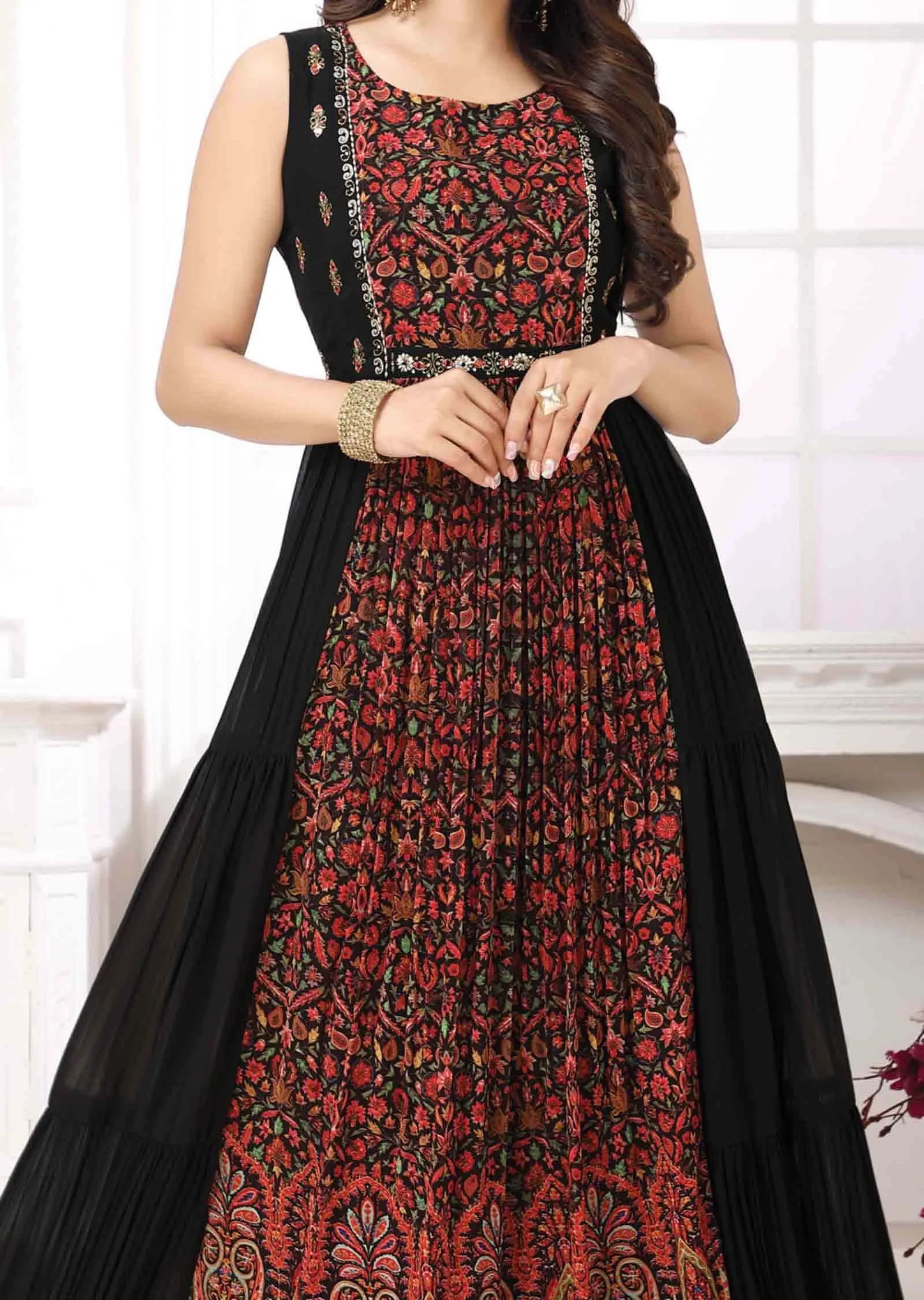 Black & Multi Color Georgette Zardosi & Embroidered Kurti Full legth