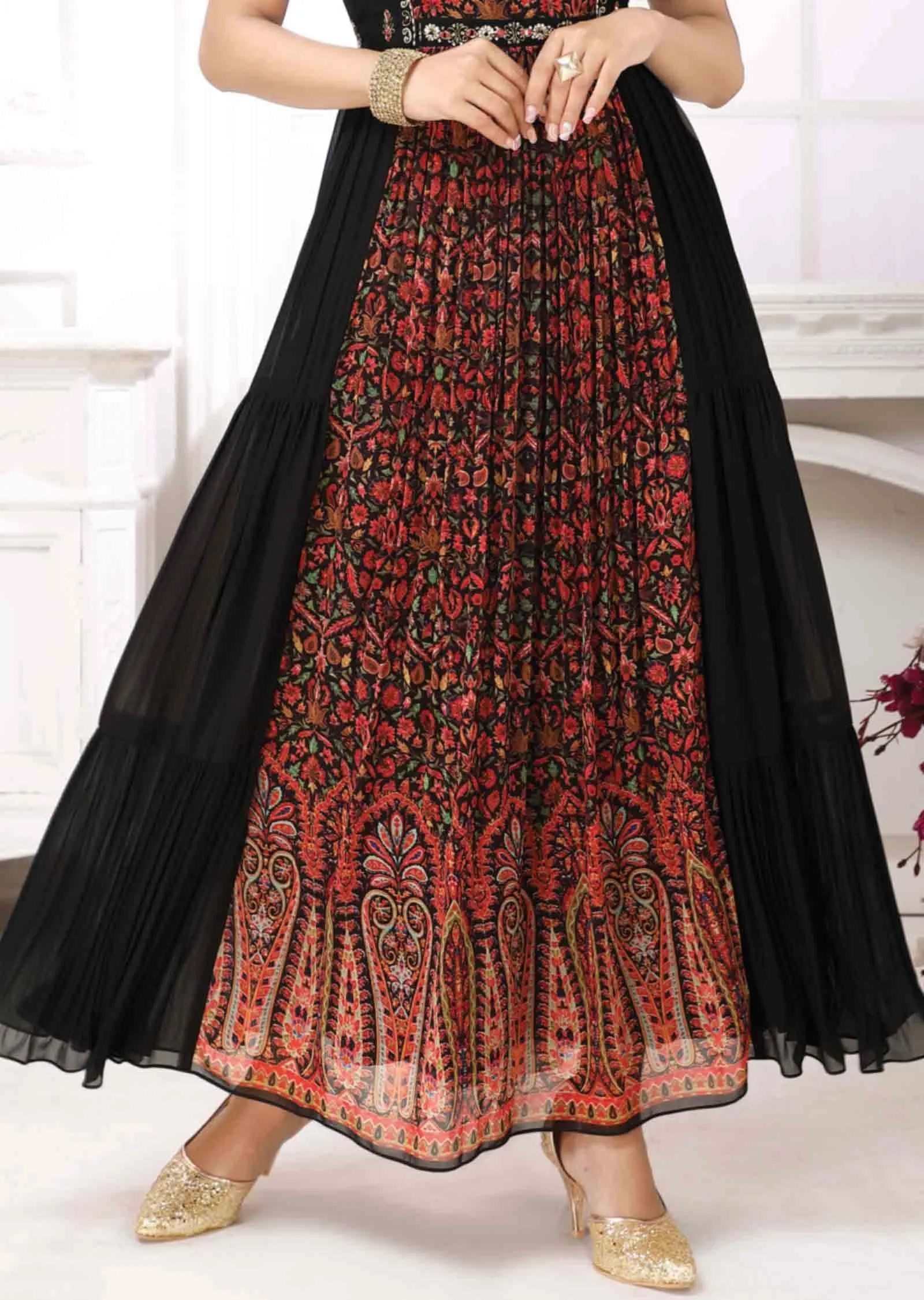 Black & Multi Color Georgette Zardosi & Embroidered Kurti Full legth