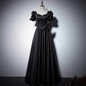 Black Elegant Bow Puff Sleeve Satin Evening Dress