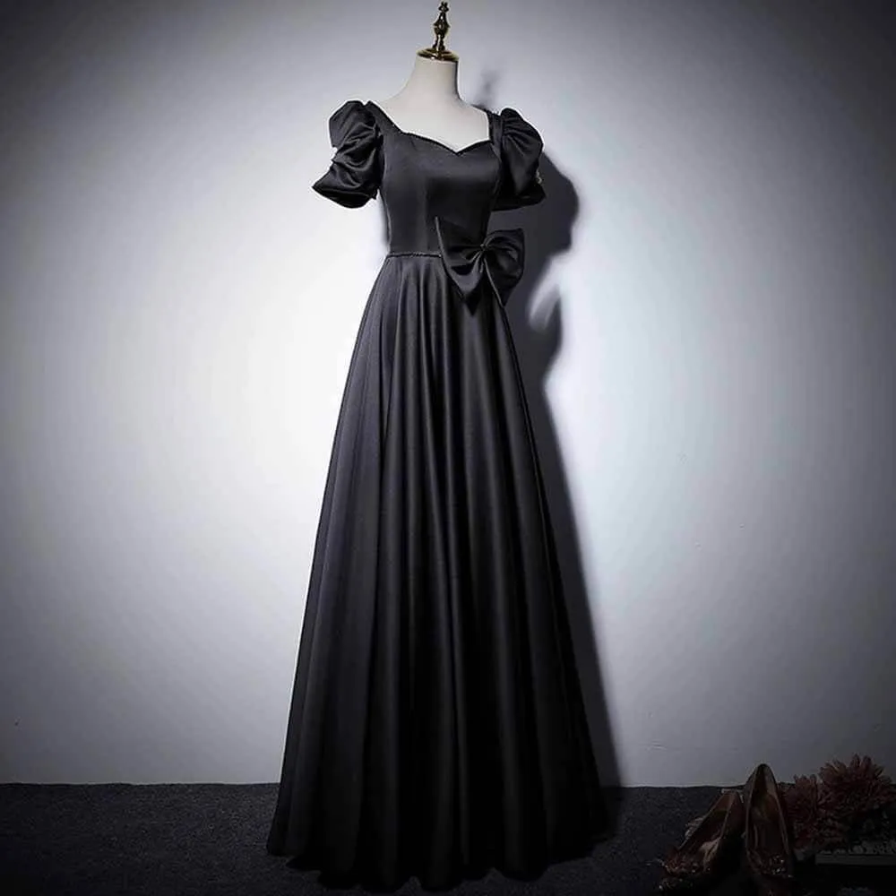 Black Elegant Bow Puff Sleeve Satin Evening Dress