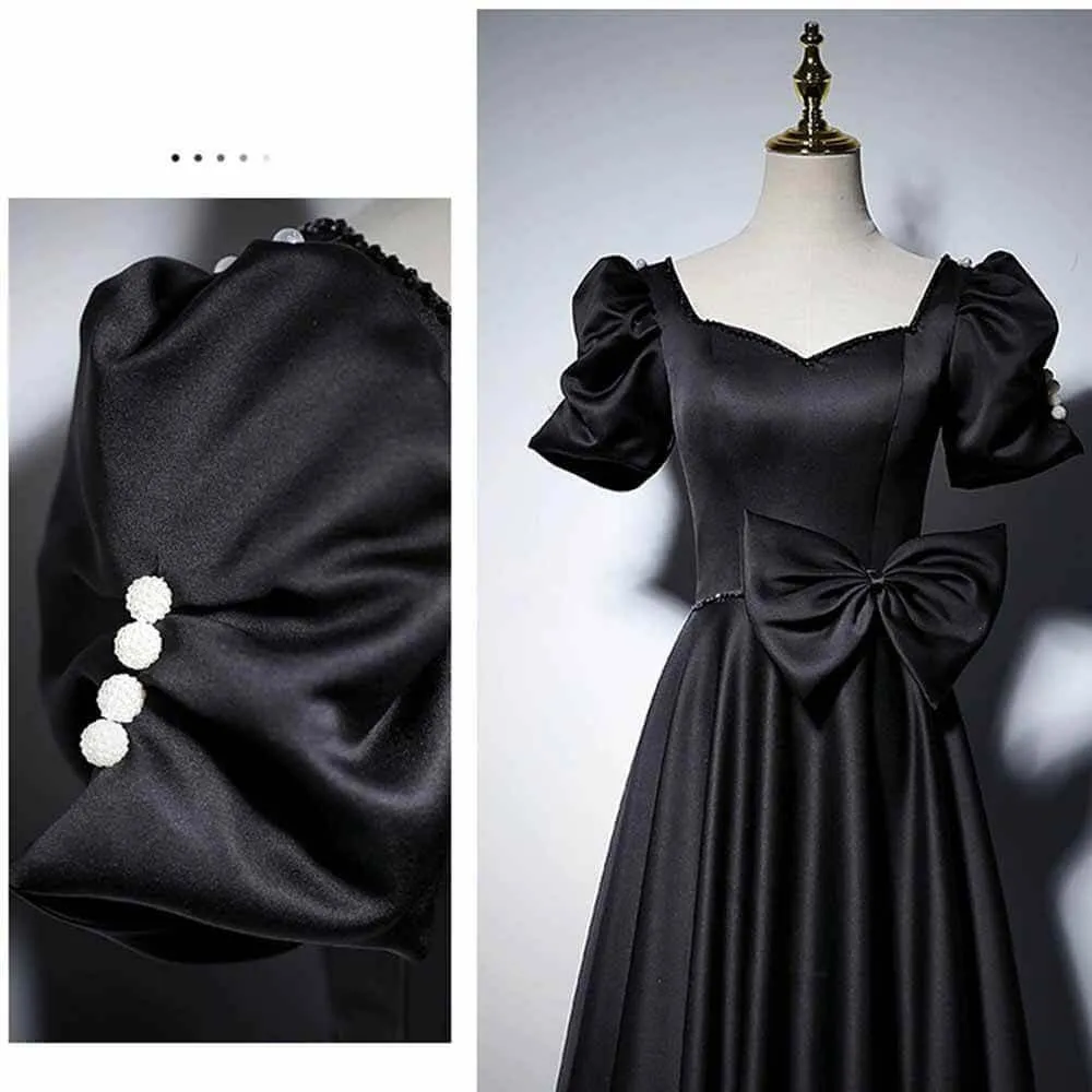 Black Elegant Bow Puff Sleeve Satin Evening Dress