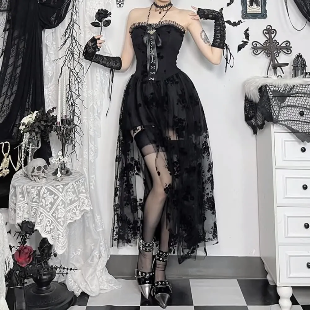 Black Gothic Strapless Lace Overlay Corset Dress