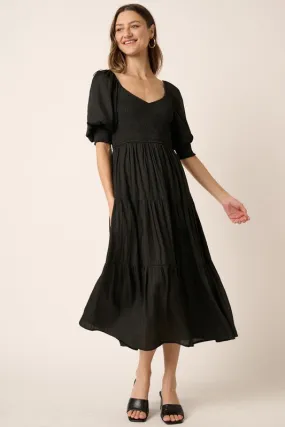 Black Smocked Sweetheart Neckline Midi Dress