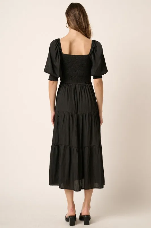 Black Smocked Sweetheart Neckline Midi Dress