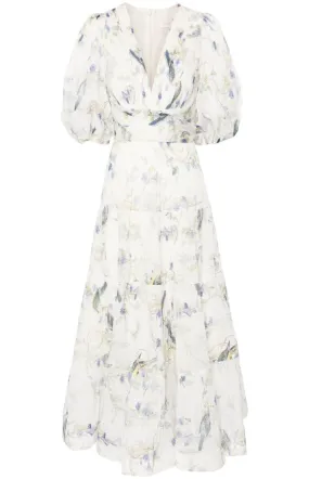 Blue Birds-print plissé maxi dress