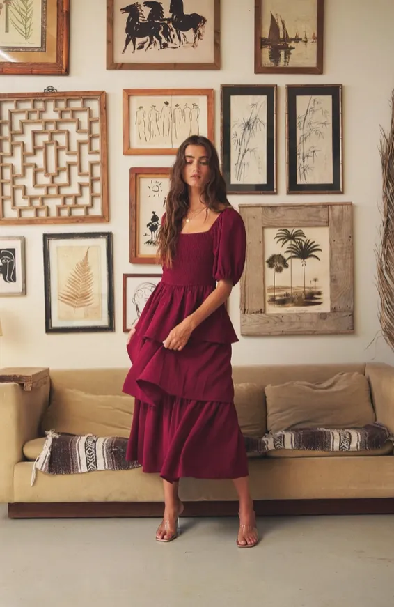 Bordeaux Dream Ruffle Midi Dress