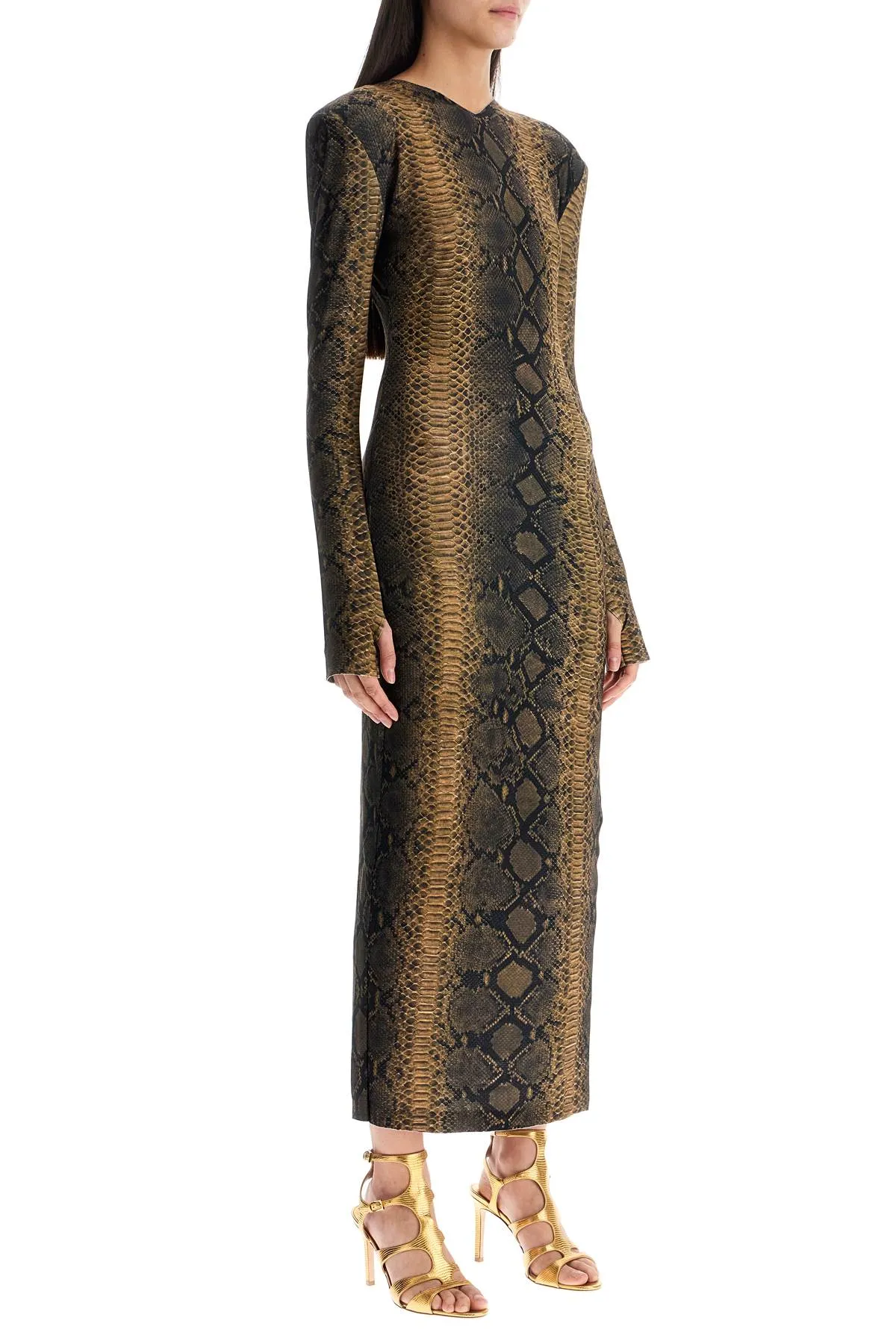 brown slim fit long python effect dress KK4243PLC27302 PYTHON