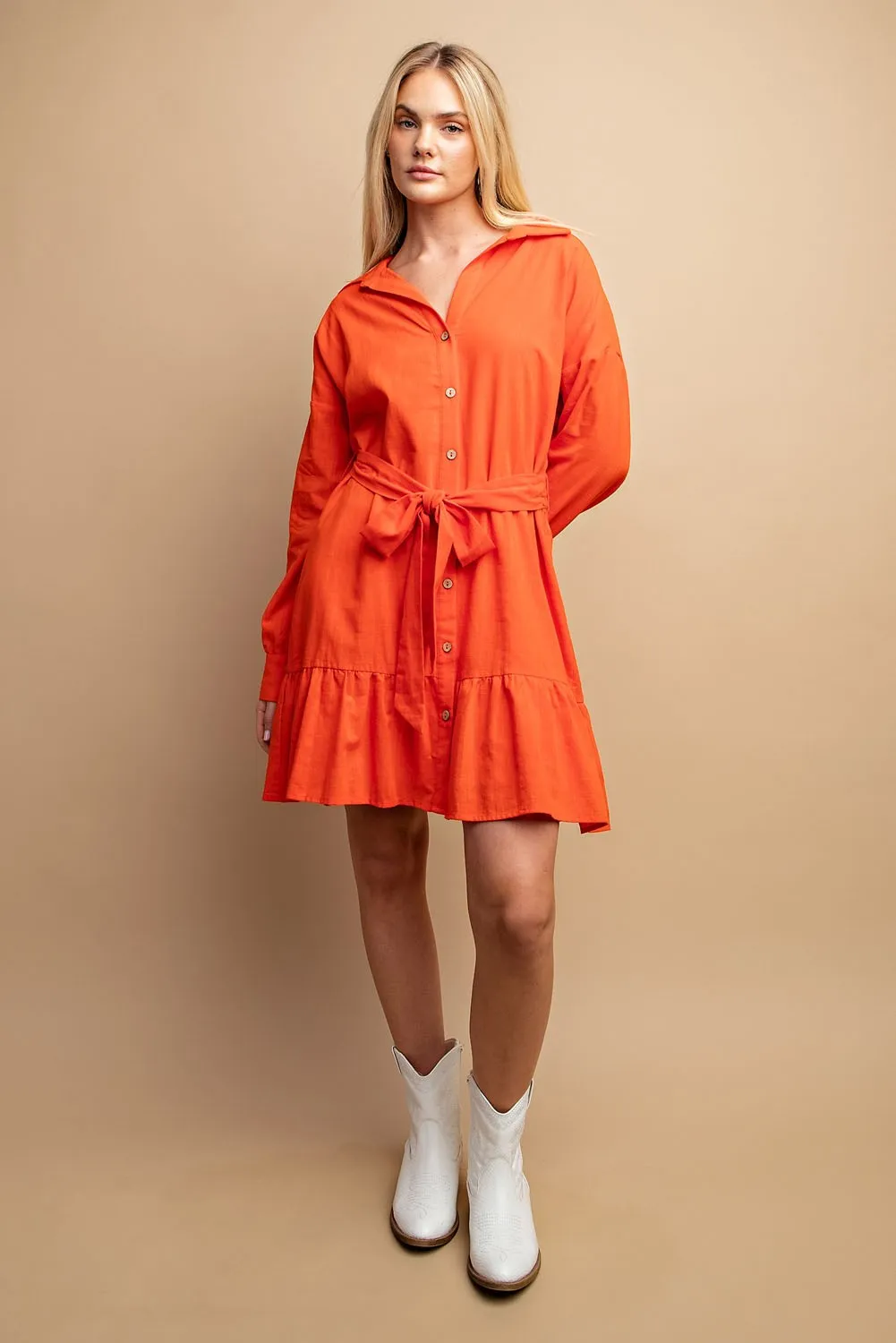 BUTTON DOWN RUFFLED HEM DRESS W/BELT