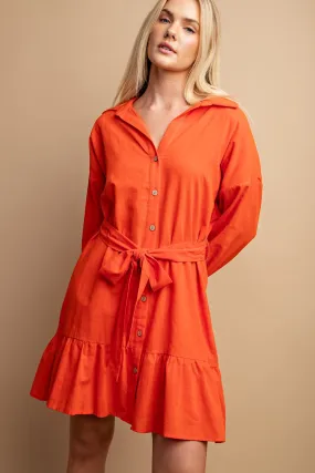 BUTTON DOWN RUFFLED HEM DRESS W/BELT
