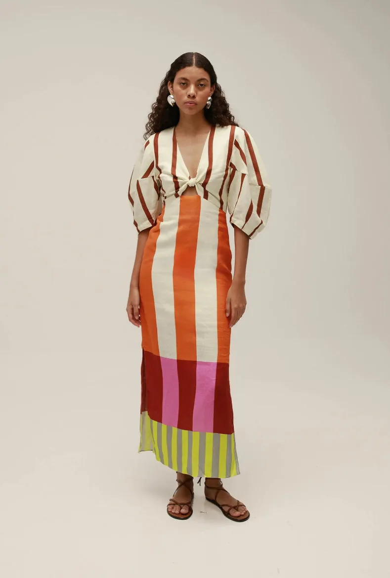Caa118 Stripe Linen Midi Dress