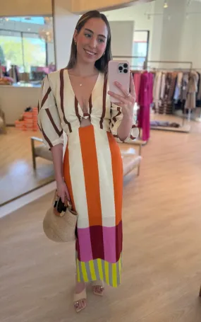 Caa118 Stripe Linen Midi Dress