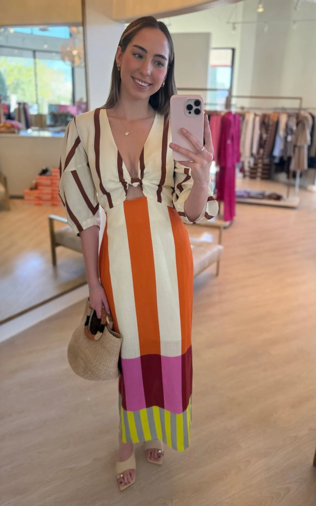 Caa118 Stripe Linen Midi Dress