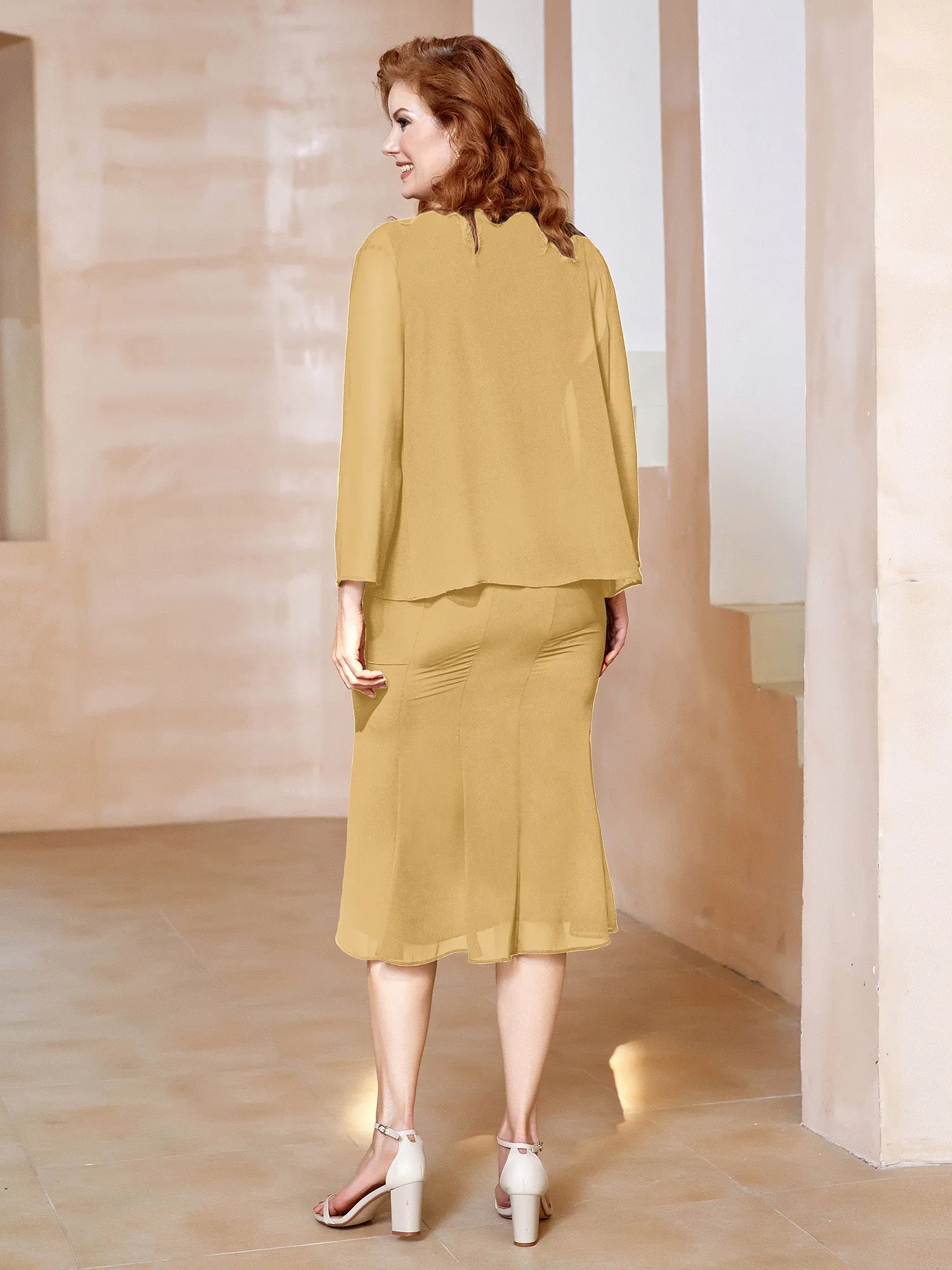 Chiffon Beaded Tea-length Dress with Jacket Gold
