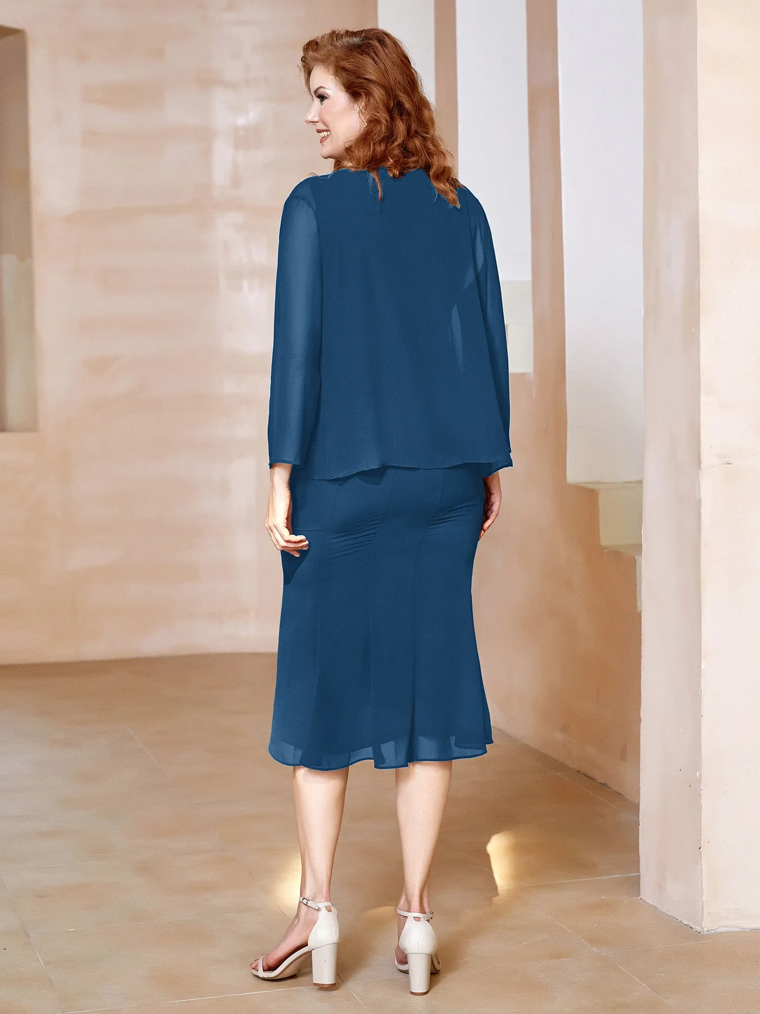 Chiffon Beaded Tea-length Dress with Jacket Ink Blue