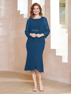 Chiffon Beaded Tea-length Dress with Jacket Ink Blue