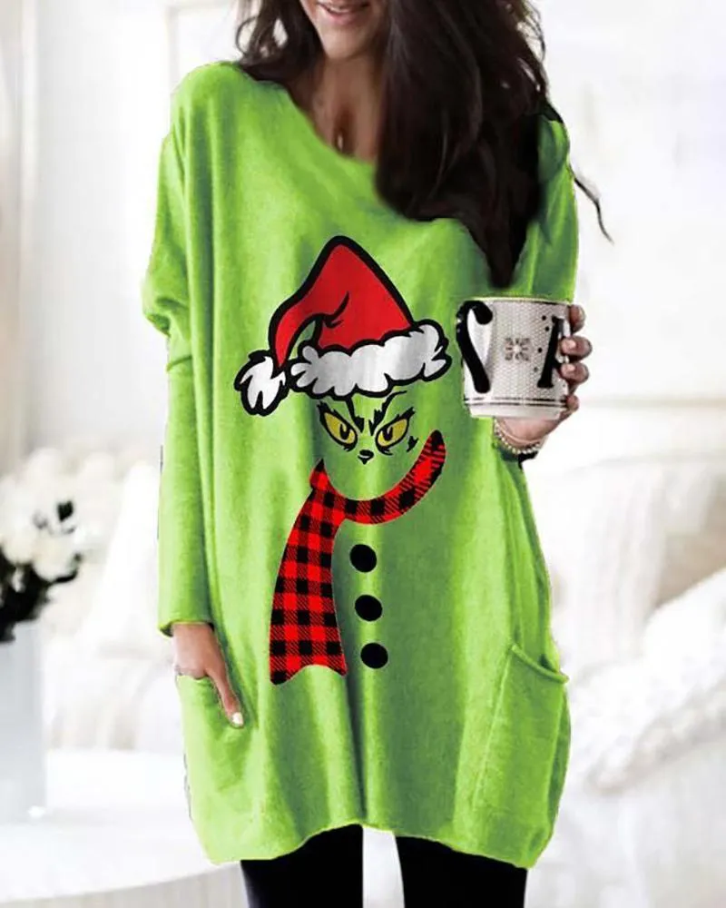 Christmas Gigot Sleeve Grinches Print Casual Dress
