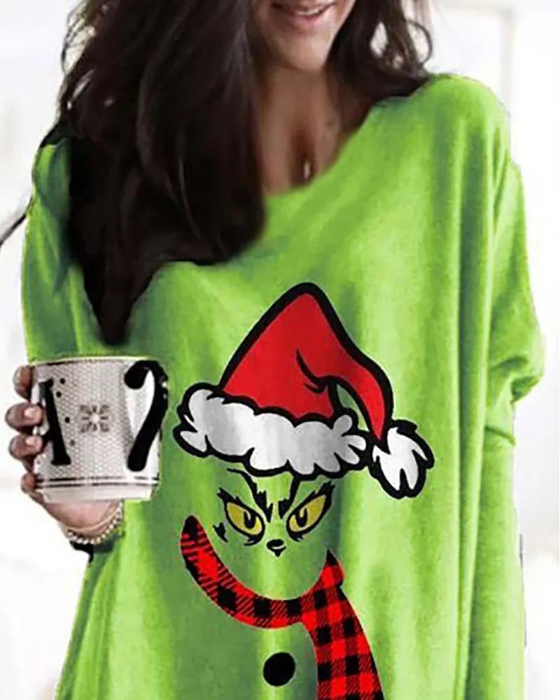 Christmas Gigot Sleeve Grinches Print Casual Dress