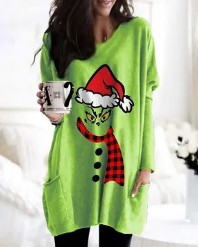 Christmas Gigot Sleeve Grinches Print Casual Dress