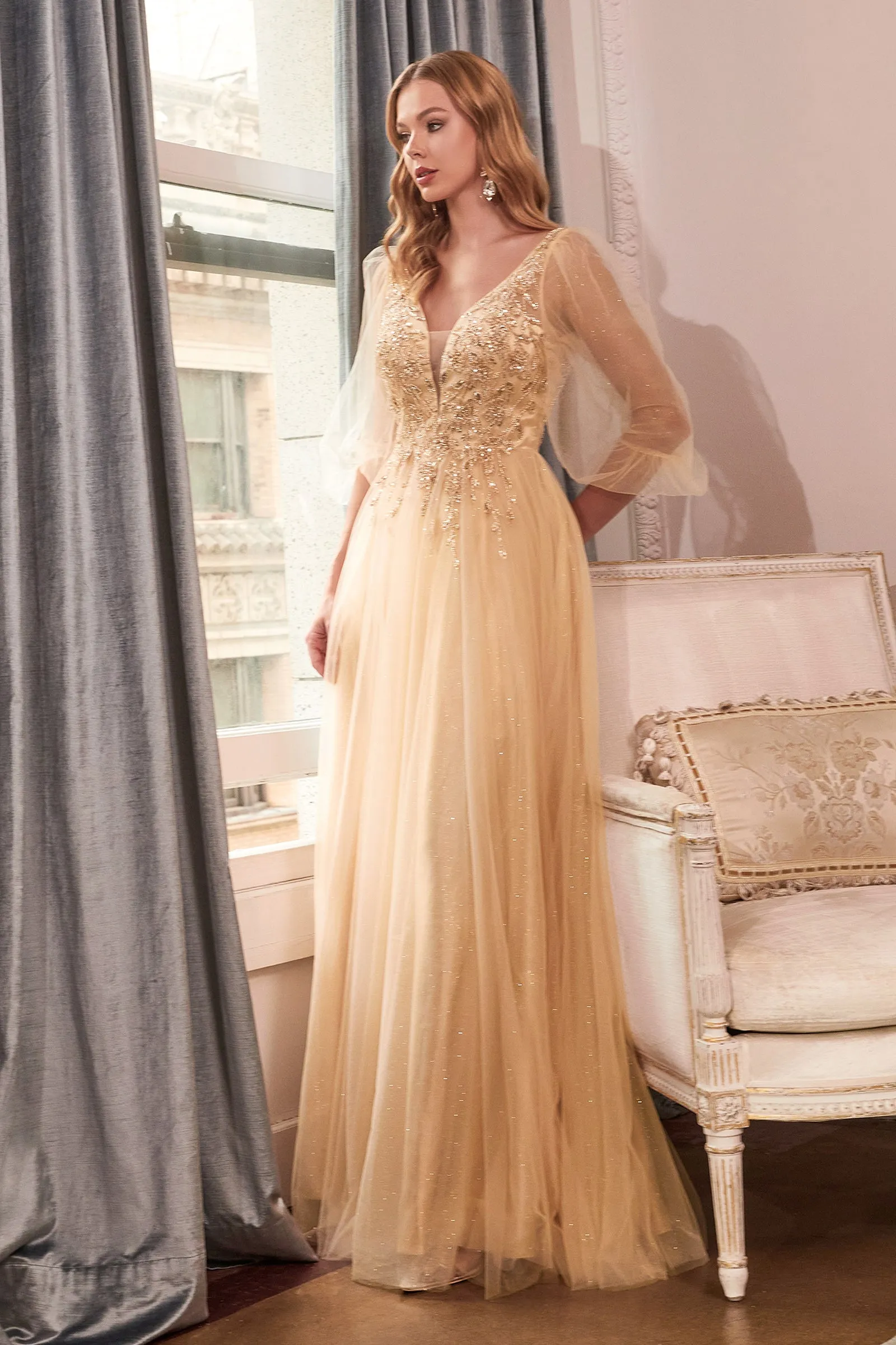 CINDERELLA DIVINE CD0182 Puff Sleeve Glitter Tulle A-Line Gown
