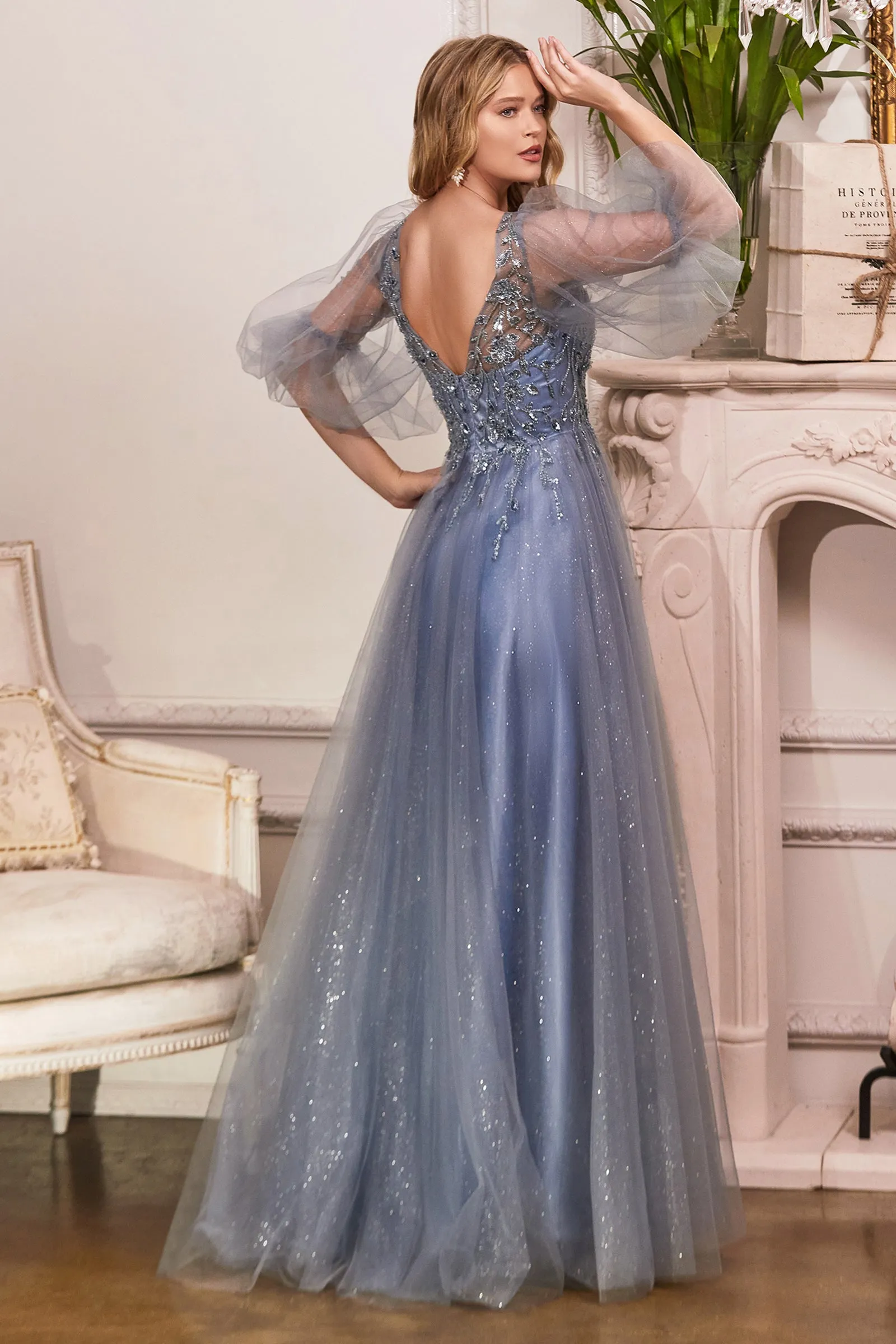 CINDERELLA DIVINE CD0182 Puff Sleeve Glitter Tulle A-Line Gown