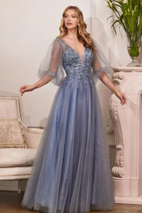 CINDERELLA DIVINE CD0182 Puff Sleeve Glitter Tulle A-Line Gown
