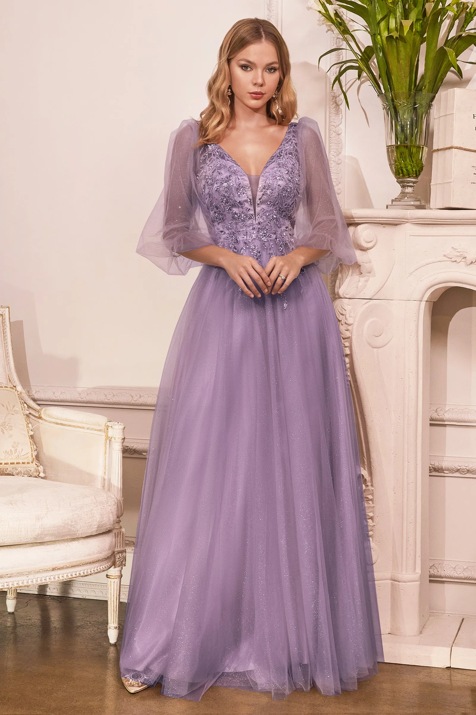 CINDERELLA DIVINE CD0182 Puff Sleeve Glitter Tulle A-Line Gown