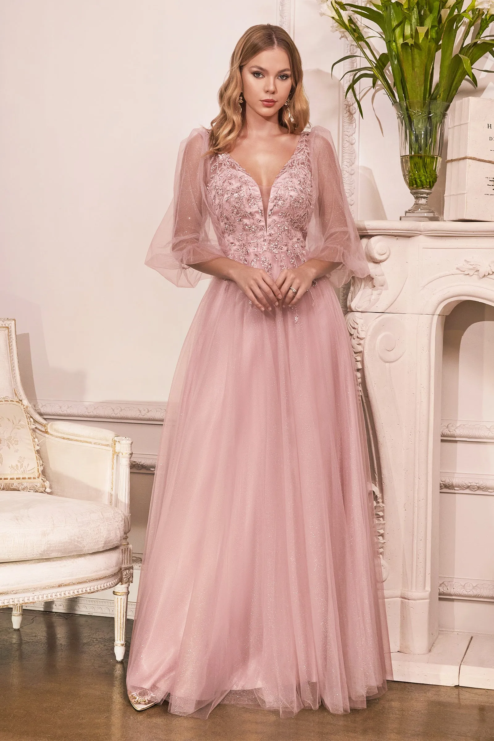CINDERELLA DIVINE CD0182 Puff Sleeve Glitter Tulle A-Line Gown