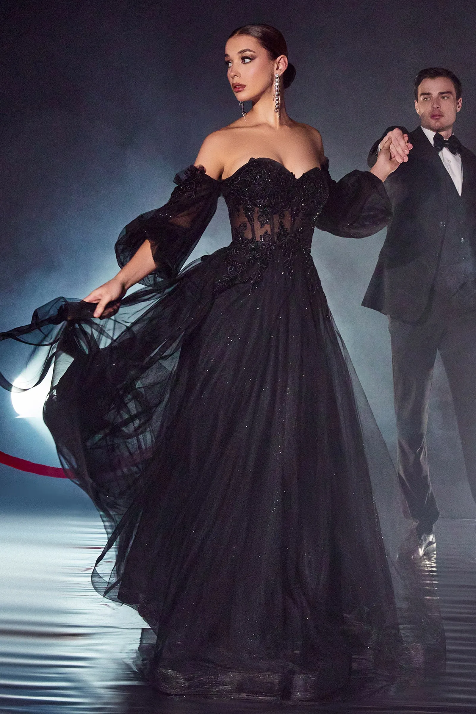 CINDERELLA DIVINE CD948 Off-Shoulder Bishop Sleeve Corset Gown