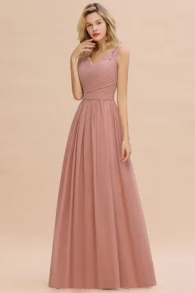 Classy Long A-line V-neck Wide Straps Ruched Chiffon Bridesmaid Dress