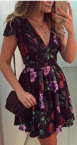 Clearance Backless Deep V-neck Flower Print Flared Short Dress