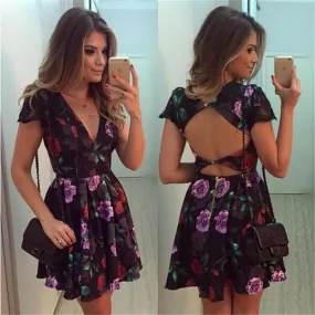 Clearance Backless Deep V-neck Flower Print Flared Short Dress
