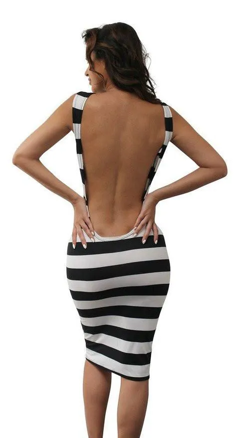 Clearance Scoop Backless Sleeveless Bodycon Striped Knee-length Dress