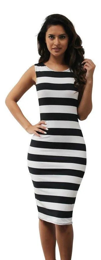 Clearance Scoop Backless Sleeveless Bodycon Striped Knee-length Dress
