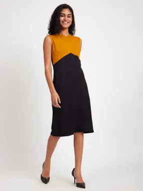 Colour Block V Neck Dress - Mustard And Black