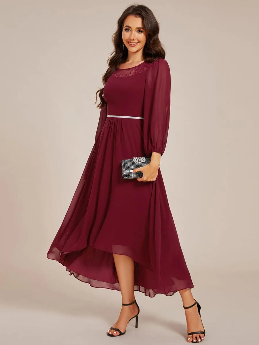 Cora | Long Sleeve Waist Chain Round Neckline Midi Chiffon Wedding Guest Dress