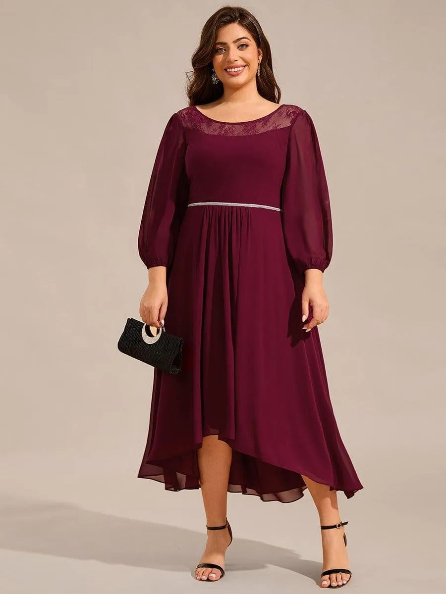 Cora | Plus Size Lace Round Neck Long Sleeve Chiffon Midi Wedding Guest Dress