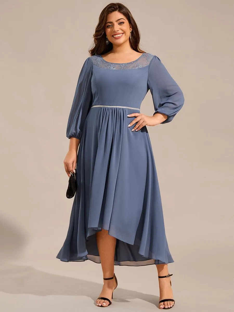 Cora | Plus Size Lace Round Neck Long Sleeve Chiffon Midi Wedding Guest Dress