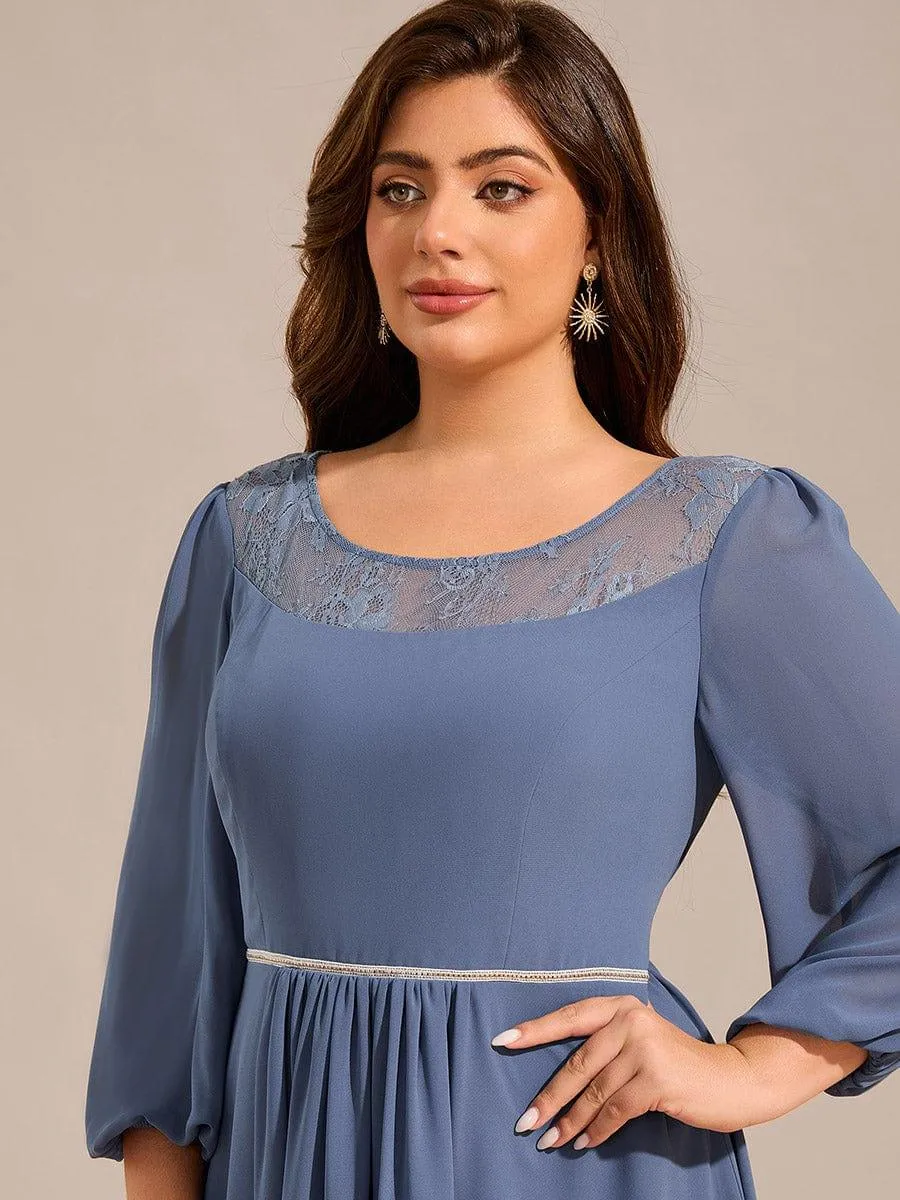 Cora | Plus Size Lace Round Neck Long Sleeve Chiffon Midi Wedding Guest Dress