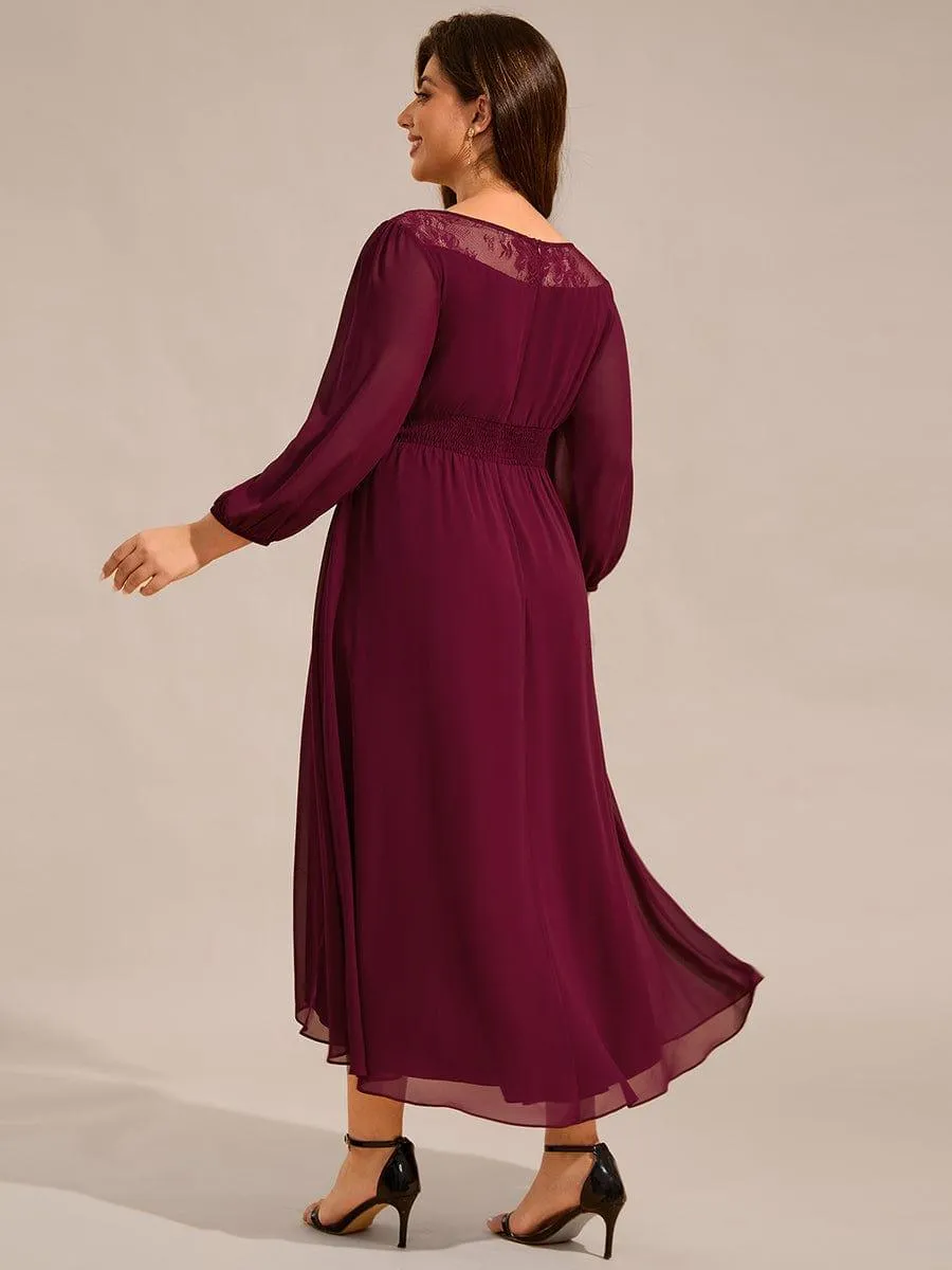Cora | Plus Size Lace Round Neck Long Sleeve Chiffon Midi Wedding Guest Dress
