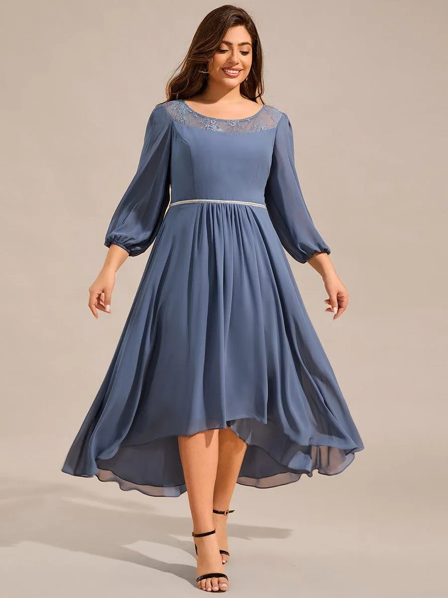 Cora | Plus Size Lace Round Neck Long Sleeve Chiffon Midi Wedding Guest Dress