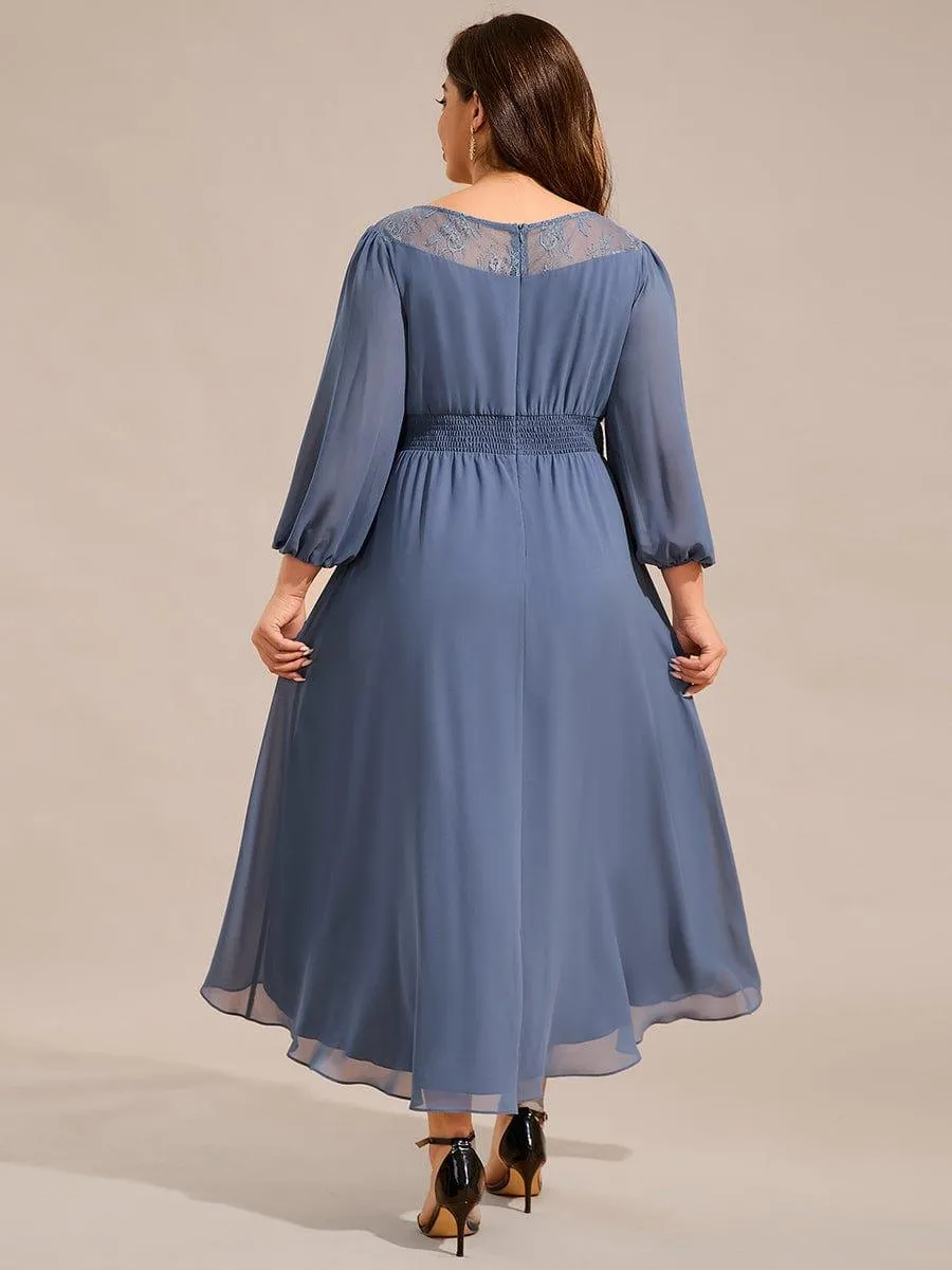 Cora | Plus Size Lace Round Neck Long Sleeve Chiffon Midi Wedding Guest Dress