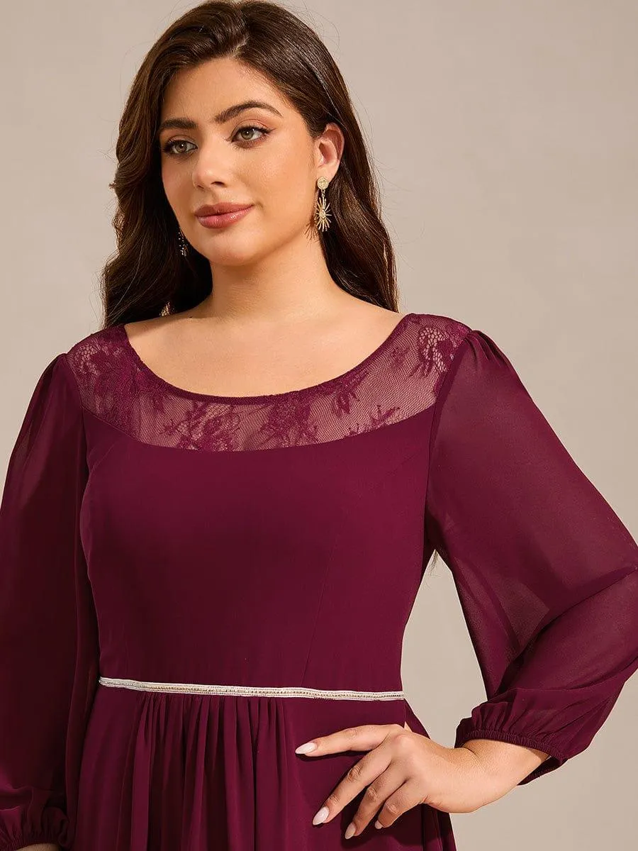 Cora | Plus Size Lace Round Neck Long Sleeve Chiffon Midi Wedding Guest Dress