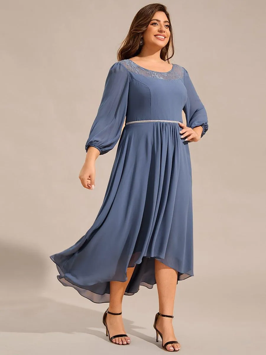 Cora | Plus Size Lace Round Neck Long Sleeve Chiffon Midi Wedding Guest Dress