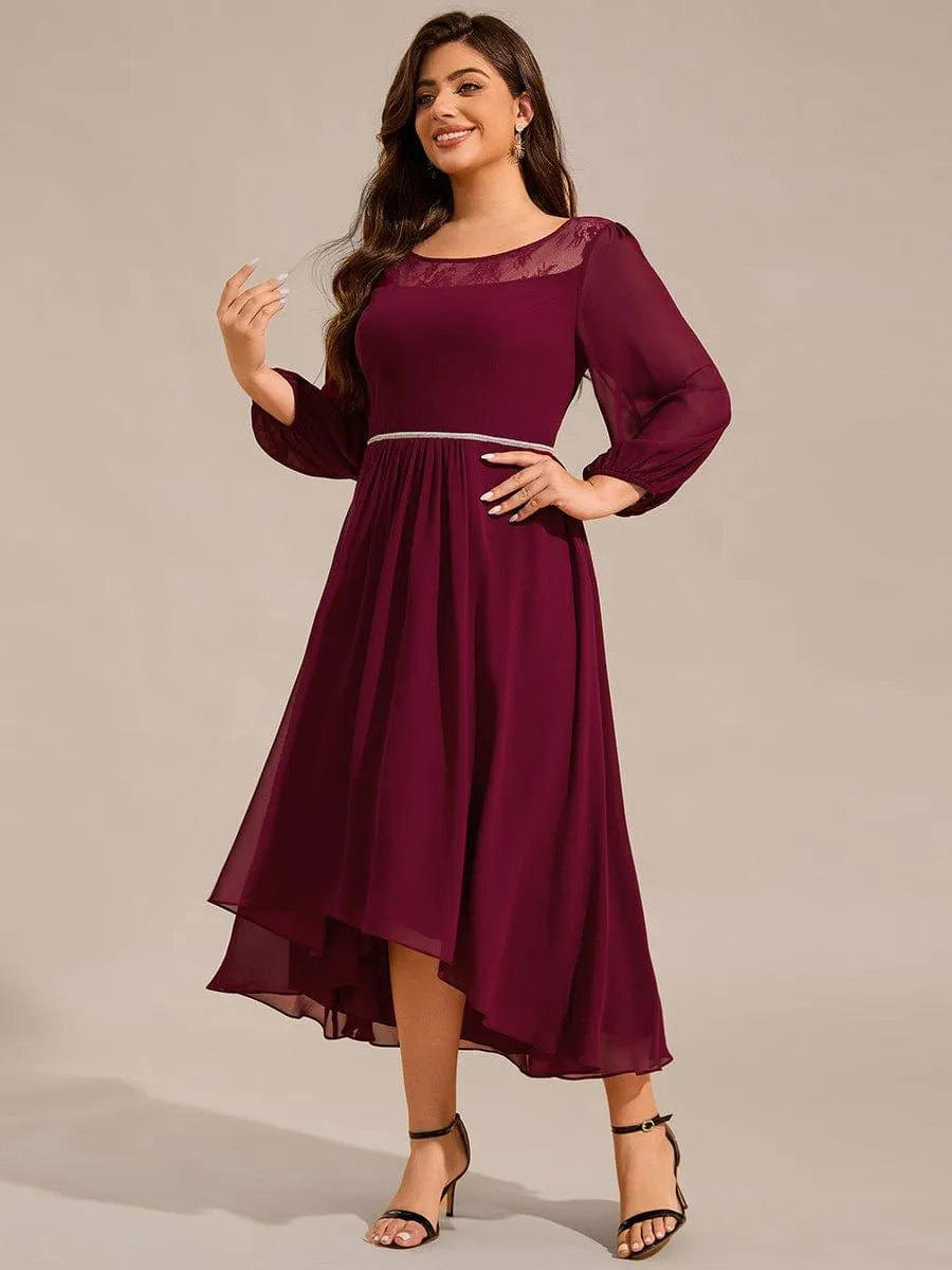 Cora | Plus Size Lace Round Neck Long Sleeve Chiffon Midi Wedding Guest Dress