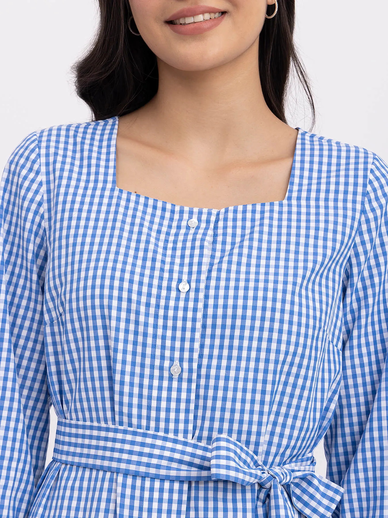 Cotton Checkered Square Neck Dress - Blue And White